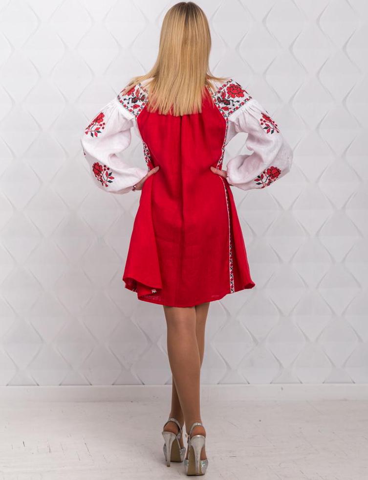 Size 4US! Red Floral Embroidered Linen Dress - Ukrainian Folk Vyshyvanka