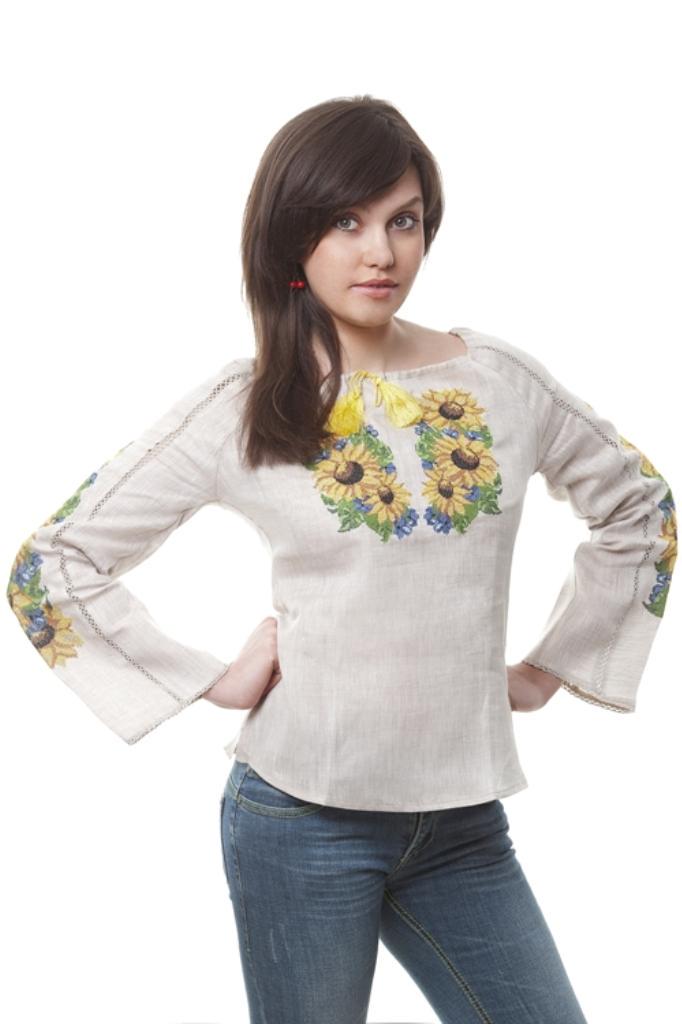 Size 12US! Beige Linen Blouse with Sunflower Embroidery - Ukrainian Folk Floral Shirt