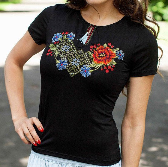 Size S. Black Vyshyvanka Embroidered Shirt. Women's Boho Top. Handmade Gift for Her. Ukrainian Folk Style Tee. Unique Gift for Wife or Girl