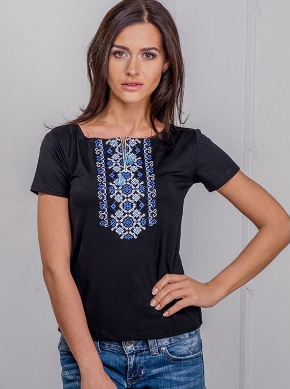 Sizes M,XL,2XL. Black Ladies T-Shirt Vyshyvanka - Boho Tops for Women
