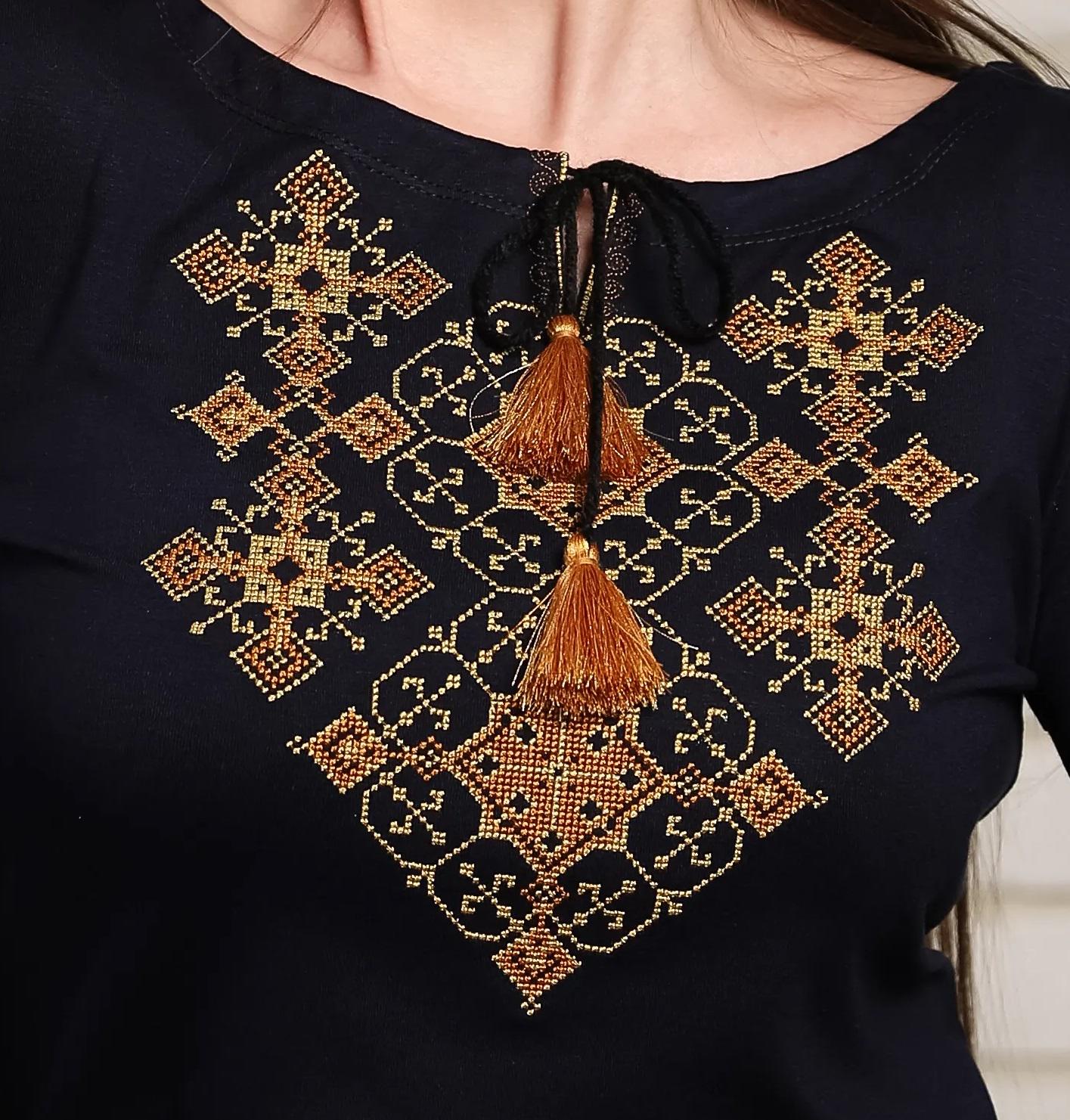 Sizes M-4XL. Navy Blue Embroidered Boho Blouse with Rust & Gold Geometric Motif – Ukrainian Folk Cross Stitch Top with 3/4 Sleeves & Tassel Accent