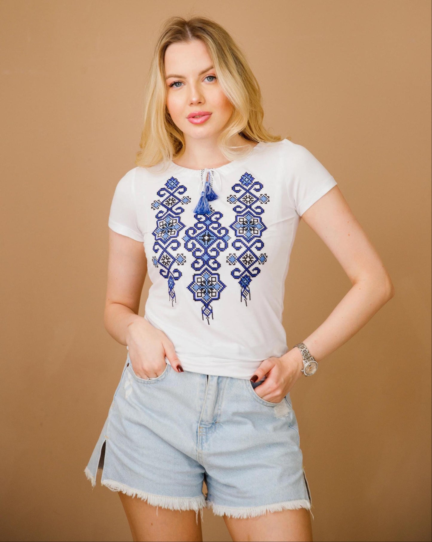 Sizes S,M,L. White folk nouveau embroidered t-shirt, bohemian short sleeve blouse with blue geometric embroidery, Ukrainian stylish ethnic fashion top