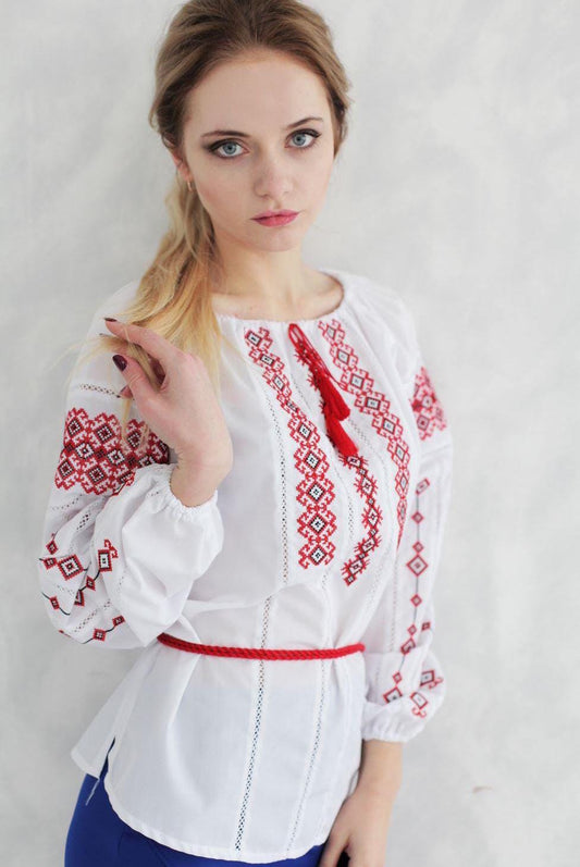 Size L! White Folklore Embroidered Blouse - Ukrainian Vyshyvanka Top - Traditional Bohemian Shirt