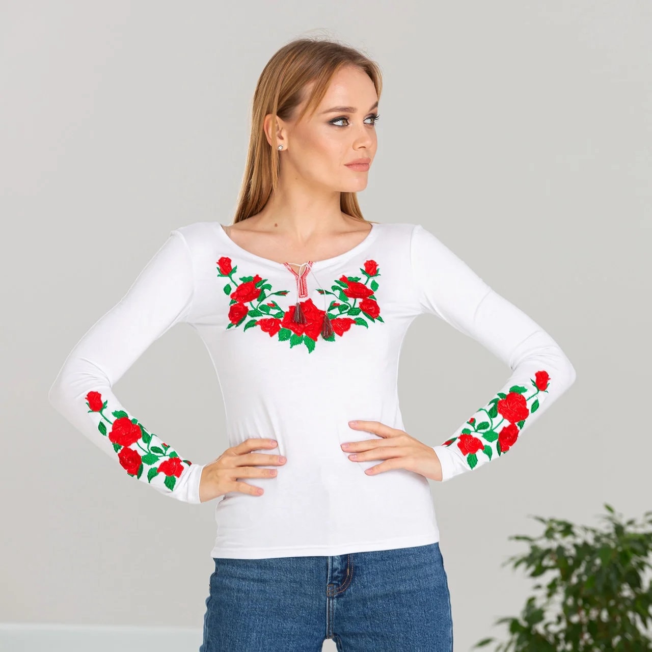 Sizes S,L,3XL. White Blouse with Red Rose Embroidery - Ukrainian Floral Folk Shirt