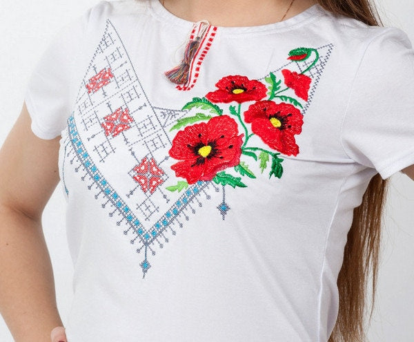 Sizes S,XL. White Embroidered Tee with Triangle Folk Roses - Ukrainian Boho T-Shirt
