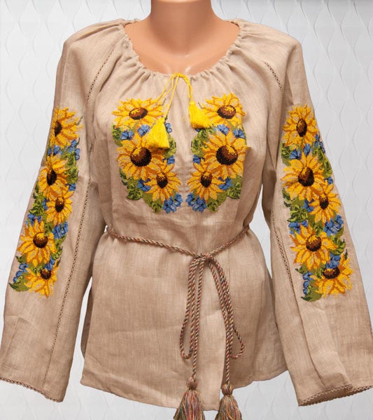 Size 12US! Beige Linen Blouse with Sunflower Embroidery - Ukrainian Folk Floral Shirt