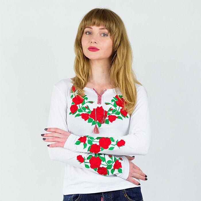 Sizes S,L,3XL. White Blouse with Red Rose Embroidery - Ukrainian Floral Folk Shirt