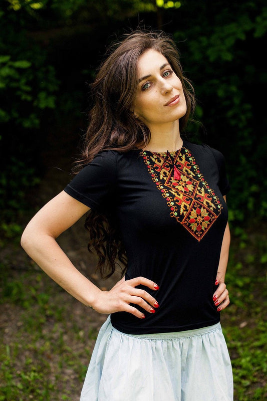 Size S. Black Embroidered Boho Tee. Women's T-Shirts. Anniversary Gift. Short Sleeve Embroidered Top. Bachelorette Gift. Ukrainian Folk Tshirt