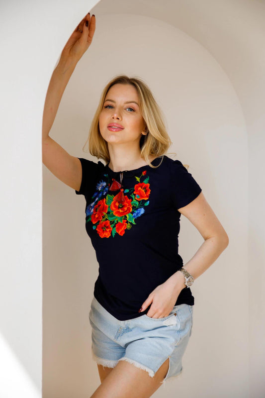 Sizes S-XL. Navy T-shirt with Red Poppy Embroidery - Ukrainian Folk Floral Blouse