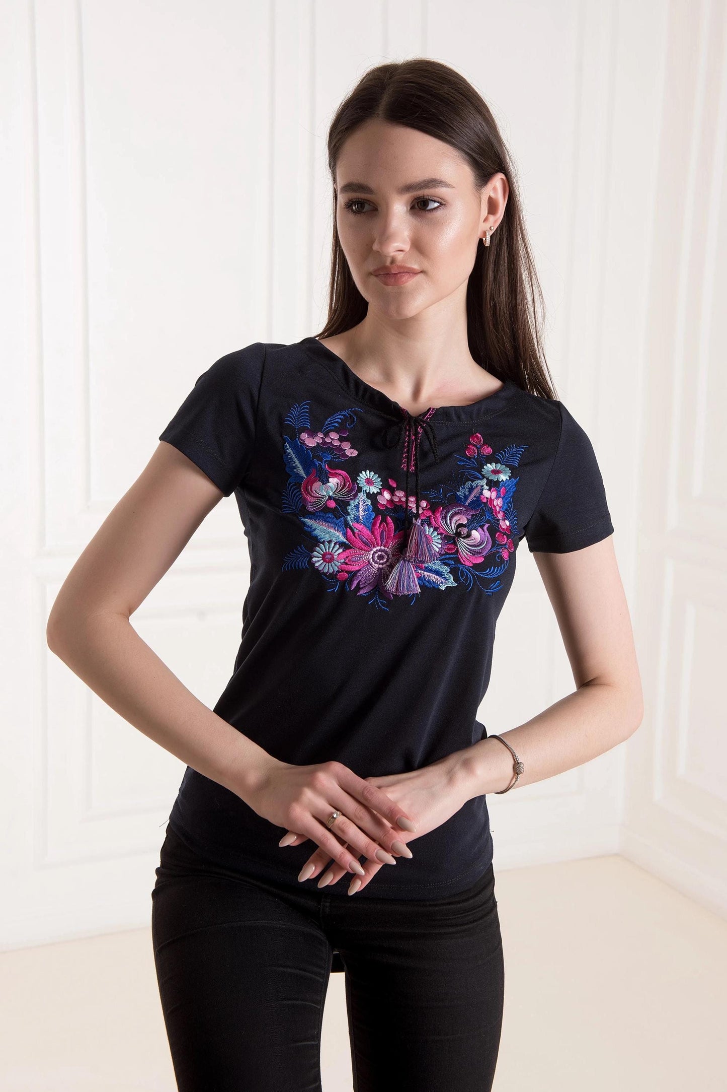 Sizes M-XL. Gorgeous Navy Blue Embroidered Folklore T-Shirt - Boho Floral Tee