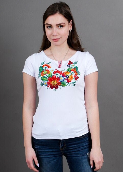 S,L-4XL. White Hippie Botanical Tee - White T-Shirt with Vibrant Folk Embroidery