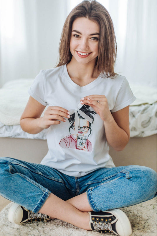 Sizes L,XXL. Casual Cute T-Shirt - White T-shirt with embroidered coffee girl illustration and bow