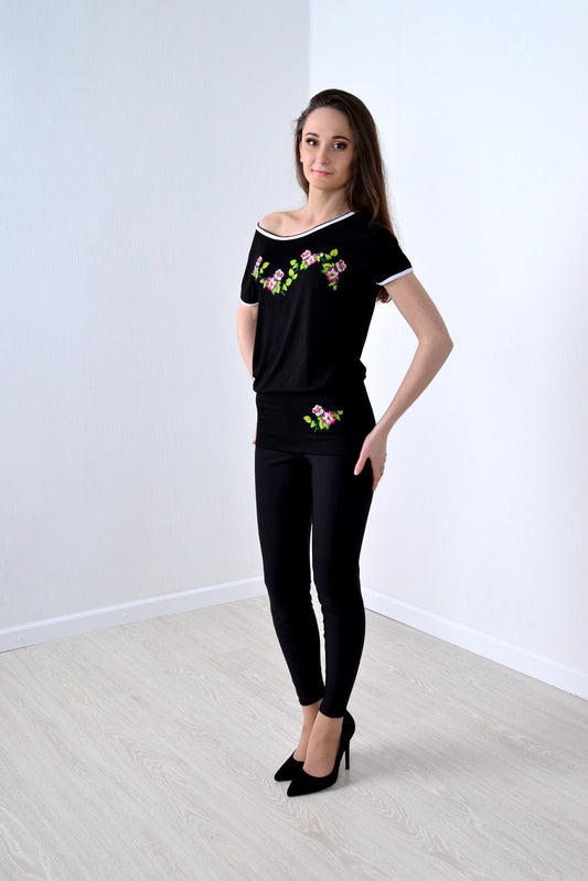 Size XL. Off-Shoulder Black Embroidered Blouse – Floral Cross Stitch Top – Boho Ukrainian Mexican Folk Shirt – Rayon Artisan Chic Blusa