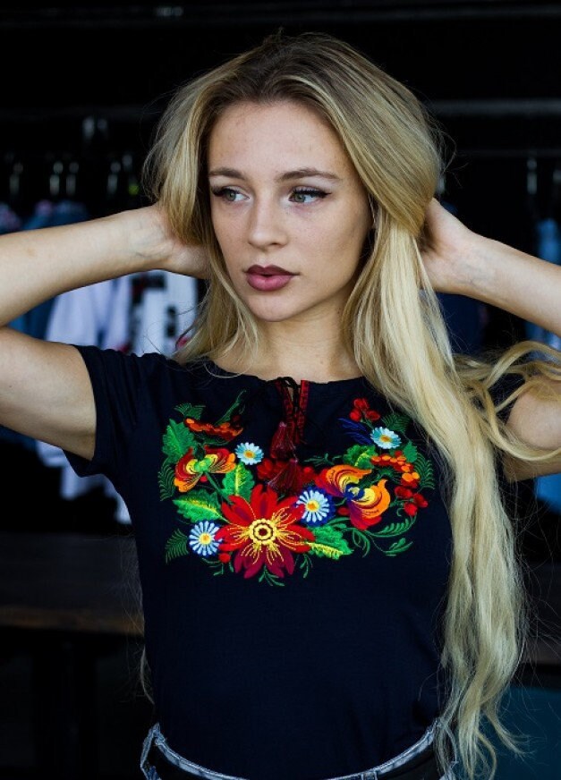 Sizes S-4XL. Navy Mexican Tee. Viscose Vyshyvanka Blouse. Women's Embroidered Ukrainian Shirt. Cotton Vyshyvanka for Women. Traditional Ethnic Top