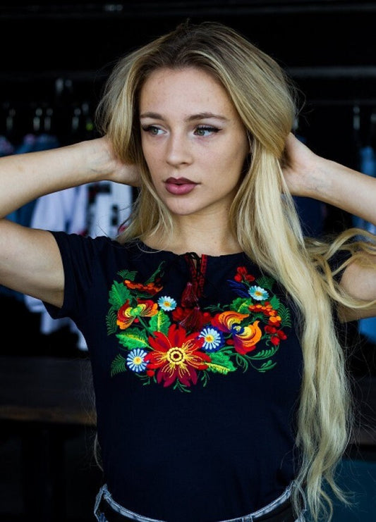 Sizes S-4XL. Navy Mexican Tee. Viscose Vyshyvanka Blouse. Women's Embroidered Ukrainian Shirt. Cotton Vyshyvanka for Women. Traditional Ethnic Top