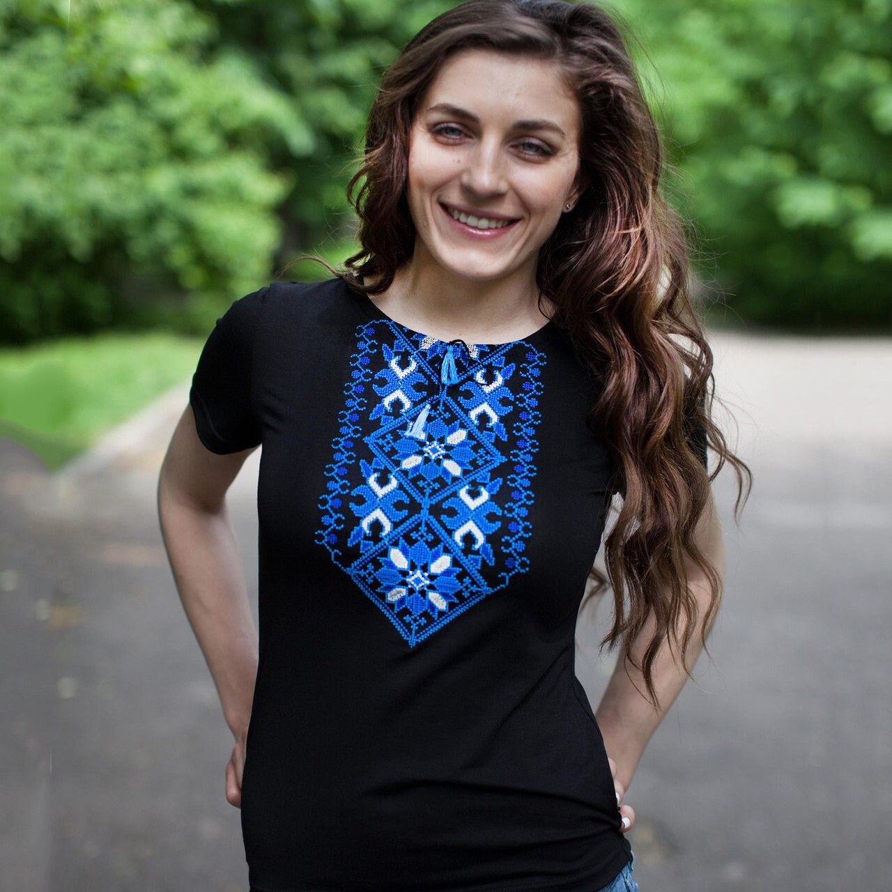 Sizes M-5XL. Black Boho Top. Vyshyvanka T-Shirt. Ukrainian Embroidered Top. Blue Ornament Shirt. Anniversary Gift Top. Polish Folk Tee. Mexican Blouse