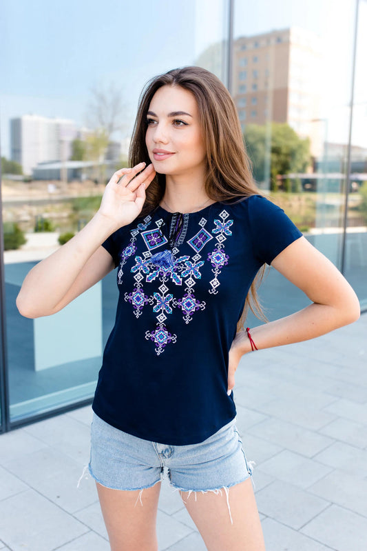 Sizes M-3XL. Bohemian Folk Navy Blue T-shirt with Intricate Embroidery - Mexican Top with Short Sleeves - Stylish Boho Chic Tee
