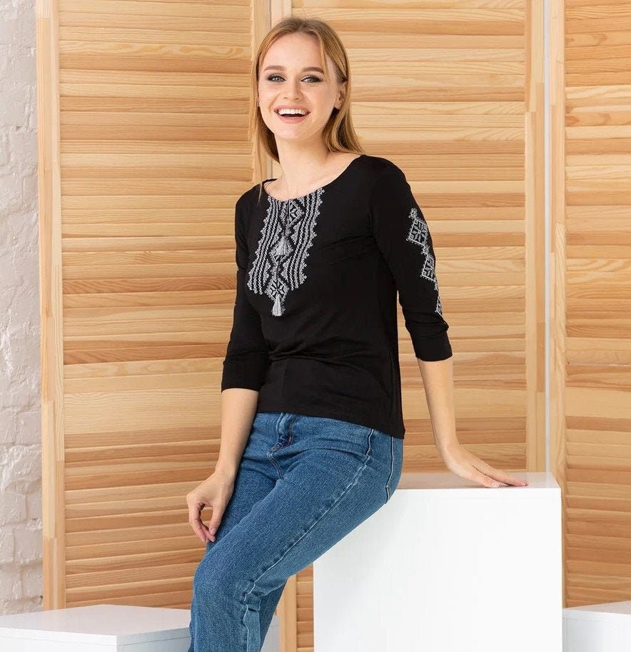 Sizes S-3XL. Black Folk Embroidered Blouse – Minimalist Ukrainian Cross-Stitch Elegance