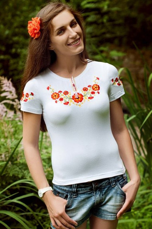 Size XXL. White Summer Top with Orange Floral Embroidery and Folk Accents