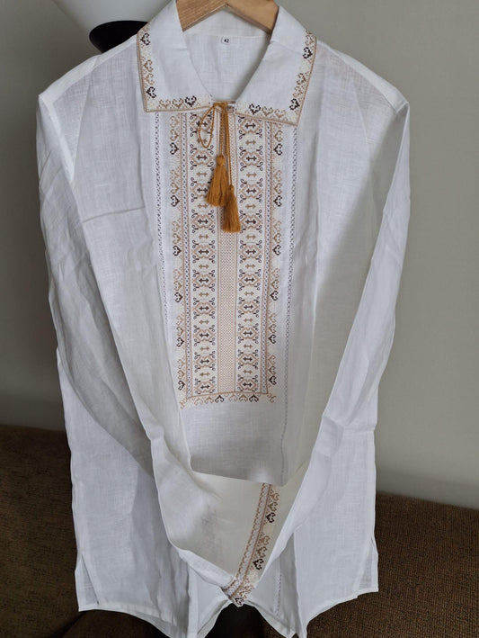 Size L! Men's White Linen Shirt with Beige Ukrainian Embroidery - Elegant Ethnic Men's Embroidered Linen Shirt