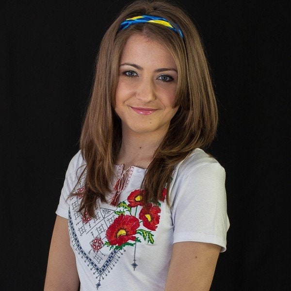 Sizes S,XL. White Embroidered Tee with Triangle Folk Roses - Ukrainian Boho T-Shirt