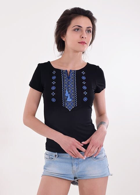 Size 3XL. Vyshyvanka Top - Black Embroidered Shirt with Blue Ornament - Short Sleeve Boho Tee
