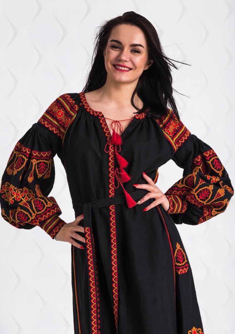 Size 8US/S! Bohemian Lux Wrap. Folk Nouveau Abaya. Chic Nationale Caftan. Embroidered Ukrainian Dress. Fashion Vyshyvanka Style. Black Boho Dress