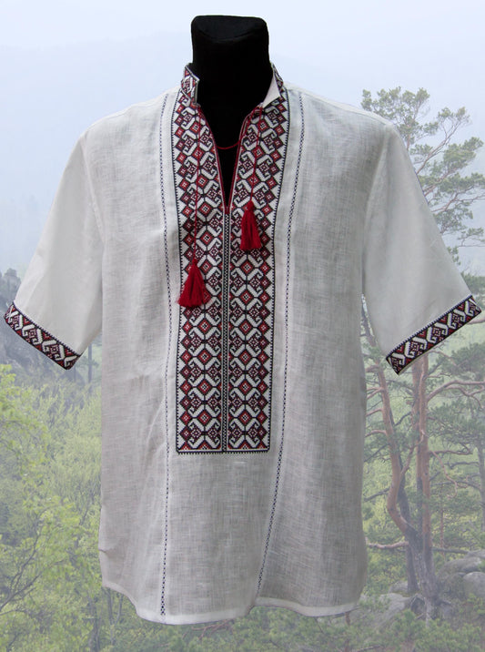 Size S! Traditional Ukrainian Folk Men's Linen Embroidered Shirt with Short Sleeves