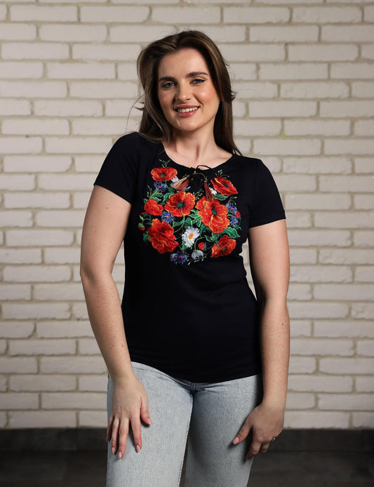 Size M. Navy Blue Embroidered T-Shirt - Women's Floral Ukrainian Vyshyvanka Tee - Boho Folk Top with Poppies and Wildflowers