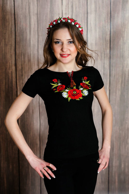 Sizes S,M,L. Black Embroidered Floral Folk T-Shirt – Handmade Ukrainian Boho Top with Red Poppies and Botanical Stitchwork for Women
