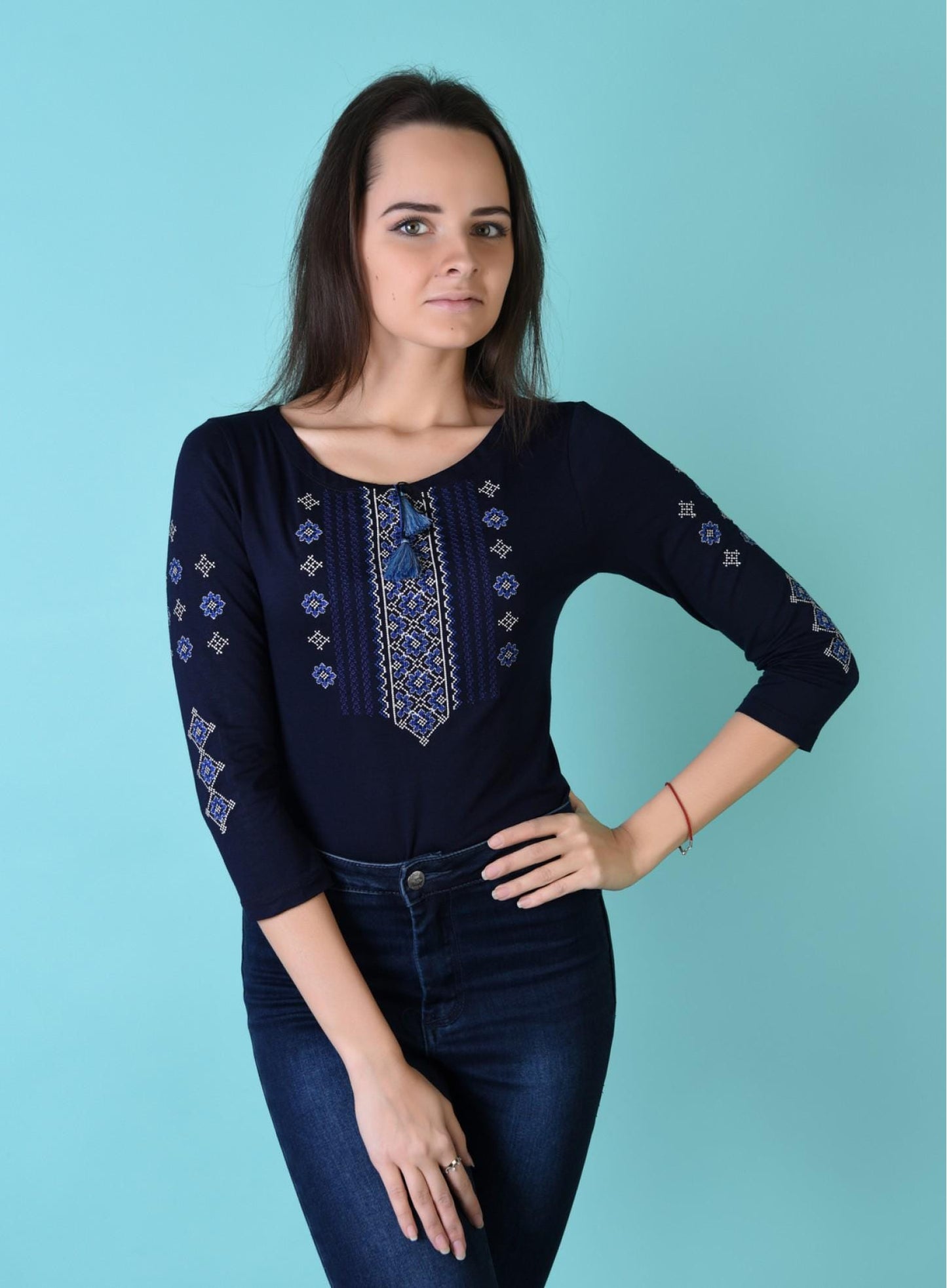 Sizes S,M. Navy blue embroidered folklore blouse, bohemian floral top, Ukrainian vyshyvanka shirt, boho chic top, folk nouveau fashion T-shirt