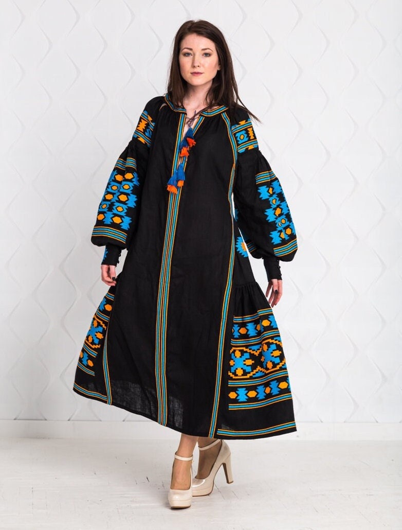 Size 2US//34EU//XS! Bohemian Embroidered Black Maxi Dress – Ukrainian Folk Long Sleeve Gown with Geometric Pattern and Tassel Detail, Handmade Ethnic Fashion