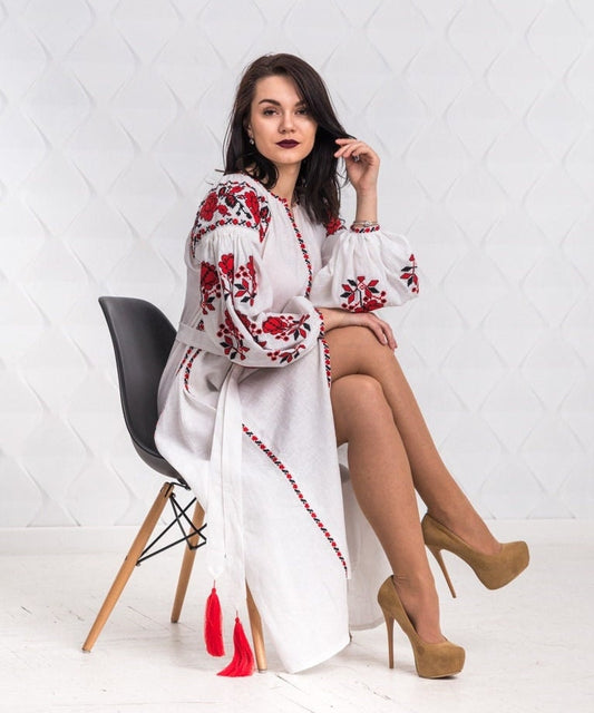 Size 6US/38EU! White Linen Embroidered Dress – Ukrainian Boho Folk Long Sleeve Dress with Red Floral Motif