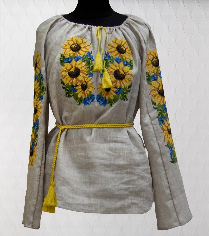 Size 12US! Beige Linen Blouse with Sunflower Embroidery - Ukrainian Folk Floral Shirt