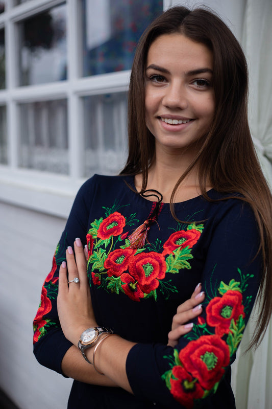 Sizes S-4XL. Exclusive Navy Boho T-Shirt - Cotton Floral Embroidered Top - Blue Vyshyvanka Tee for Women - Mexican Tee